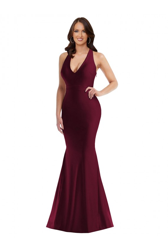 Bordeaux Sirène Col V Satiné Soyeux Longue Formelles Robes demoiselle d'honneur / Robes de soirée / Robes de bal Prix Réduit