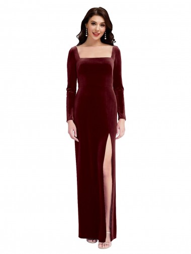 Bordeaux Trapèze Bretelles spaghetti Col Carré Velours Stretch Longue Robes demoiselle d'honneur / Robes de bal Prix Réduit