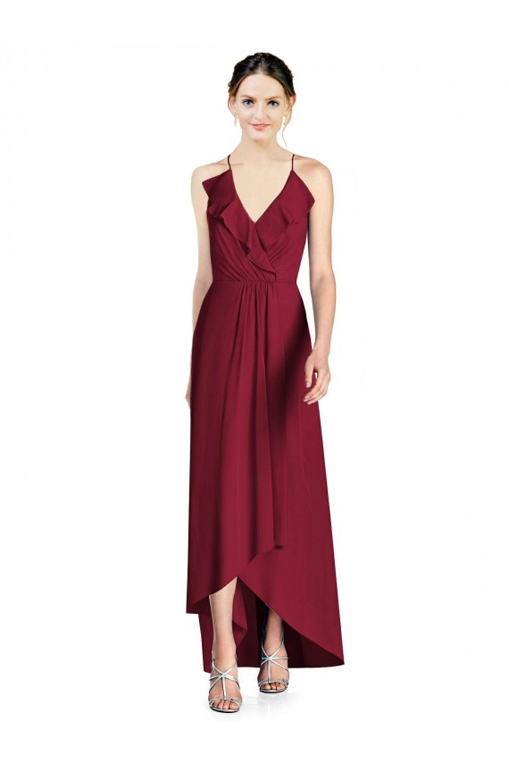 Bordeaux Trapèze Bretelles spaghetti Col V Mousseline Longue Asymétrique Robes demoiselle d'honneur Prix Réduit