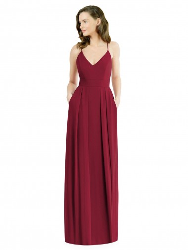 Bordeaux Trapèze Bretelles spaghetti Col V Mousseline Longue Robes demoiselle d'honneur Prix Réduit