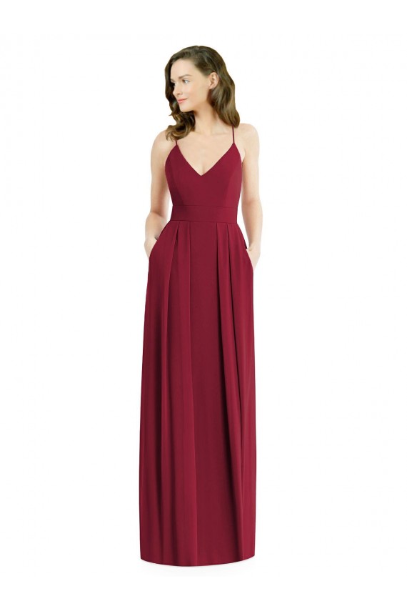 Bordeaux Trapèze Bretelles spaghetti Col V Mousseline Longue Robes demoiselle d'honneur Prix Réduit