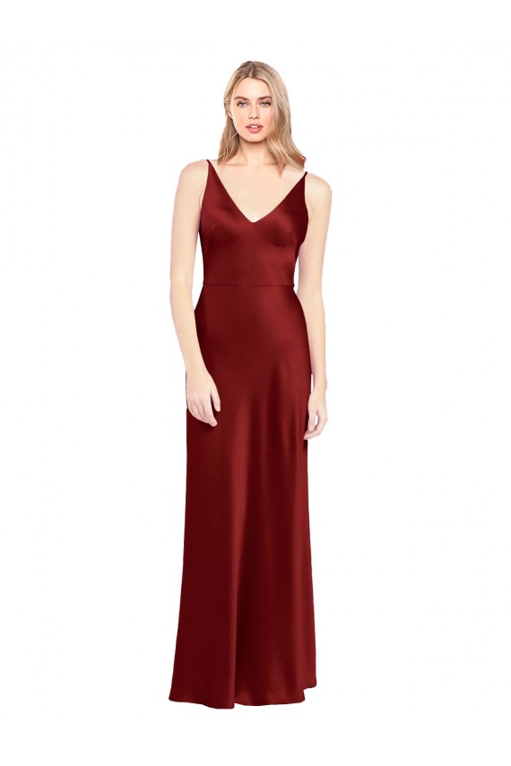 Bordeaux Trapèze Bretelles spaghetti Col V Satiné Stretch Longue Formelles Robes demoiselle d'honneur / Robes de soirée / Robes de bal Prix Réduit