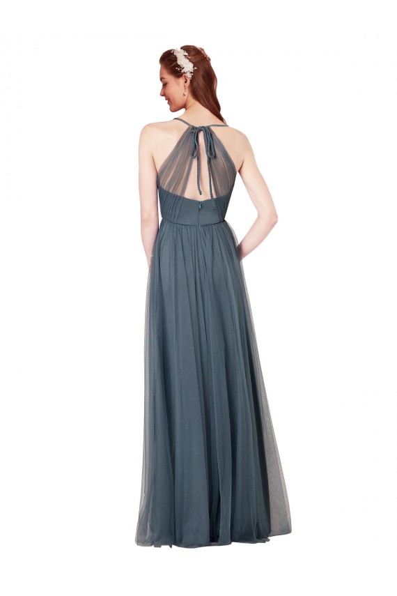 Bordeaux Trapèze Bretelles spaghetti Col V Tulle Longue Robes demoiselle d'honneur Prix Réduit