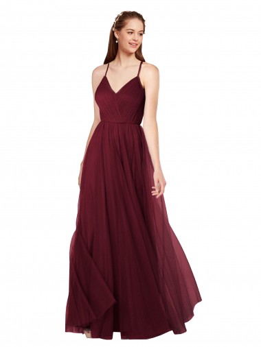 Bordeaux Trapèze Bretelles spaghetti Col V Tulle Longue Robes demoiselle d'honneur Prix Réduit