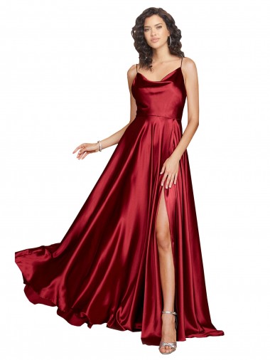 Bordeaux Trapèze Bretelles spaghetti Satiné Soyeux Longue Formelles Robes demoiselle d'honneur / Robes de soirée / Robes de bal Prix Réduit