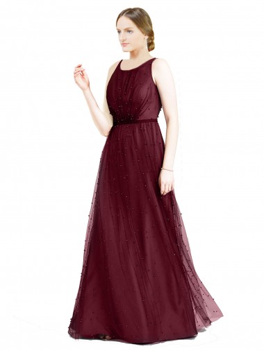 Bordeaux Trapèze Col Bateau Tulle Longue Robes demoiselle d'honneur Prix Réduit