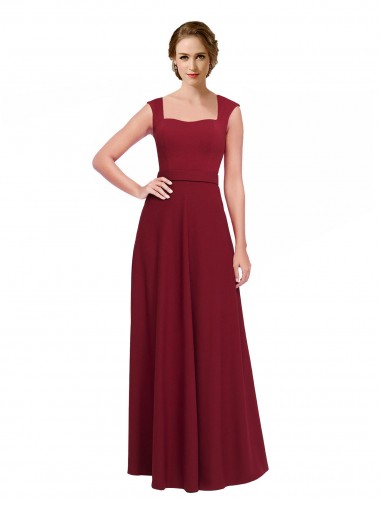 Bordeaux Trapèze Col Carré Crêpe Stretch Longue Robes demoiselle d'honneur / Robes de bal Prix Réduit