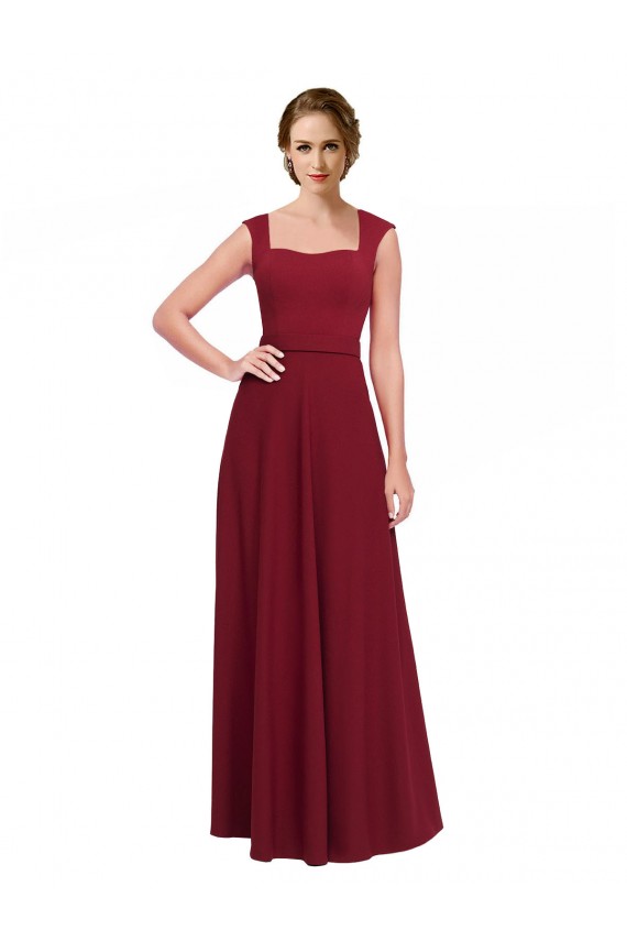 Bordeaux Trapèze Col Carré Crêpe Stretch Longue Robes demoiselle d'honneur / Robes de bal Prix Réduit