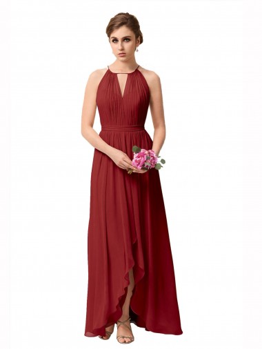 Bordeaux Trapèze Col Haut Mousseline Longue Asymétrique Robes demoiselle d'honneur Prix Réduit