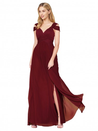 Bordeaux Trapèze Col Haut Mousseline Longue Formelles Robes demoiselle d'honneur / Robes de soirée / Robes de bal Prix Réduit