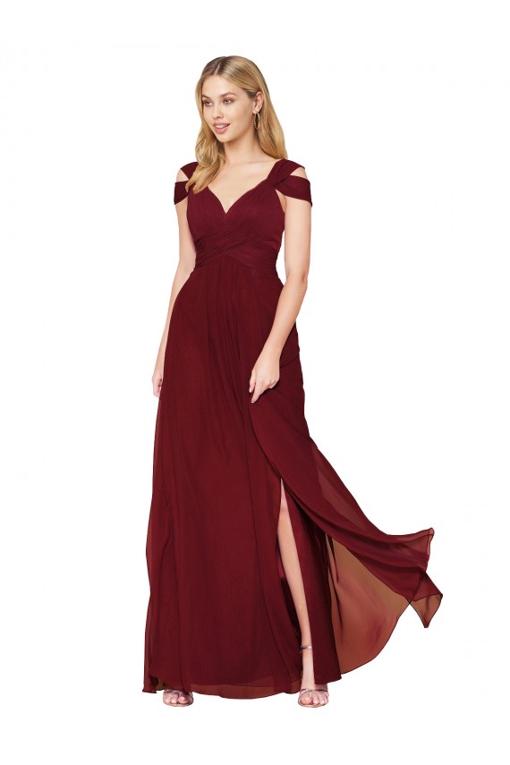 Bordeaux Trapèze Col Haut Mousseline Longue Formelles Robes demoiselle d'honneur / Robes de soirée / Robes de bal Prix Réduit