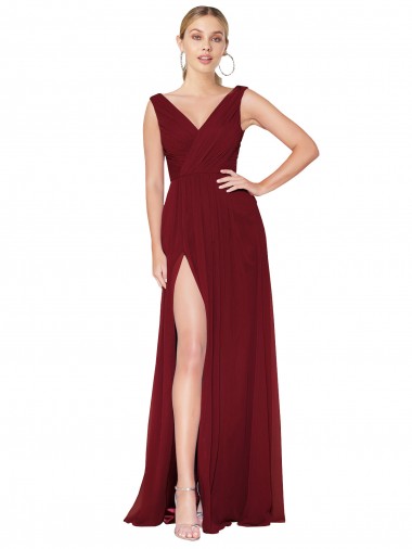 Bordeaux Trapèze Col V Mousseline Longue Formelles Robes demoiselle d'honneur / Robes de soirée / Robes de bal Prix Réduit