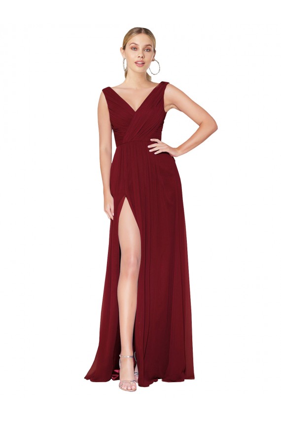 Bordeaux Trapèze Col V Mousseline Longue Formelles Robes demoiselle d'honneur / Robes de soirée / Robes de bal Prix Réduit