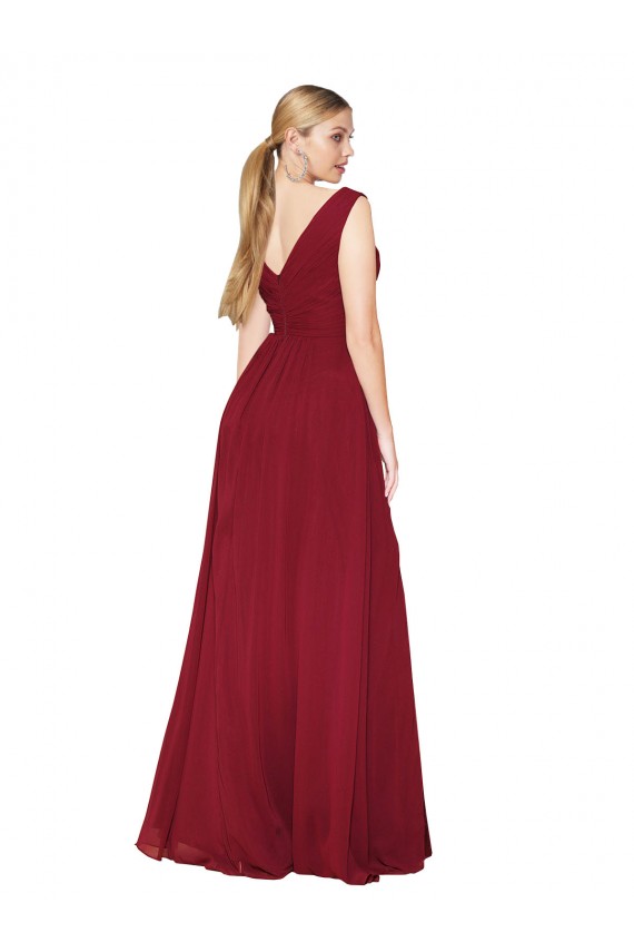 Bordeaux Trapèze Col V Mousseline Longue Formelles Robes demoiselle d'honneur / Robes de soirée / Robes de bal Prix Réduit