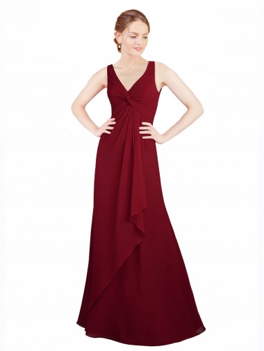 Bordeaux Trapèze Col V Mousseline Longue Robes demoiselle d'honneur Prix Réduit