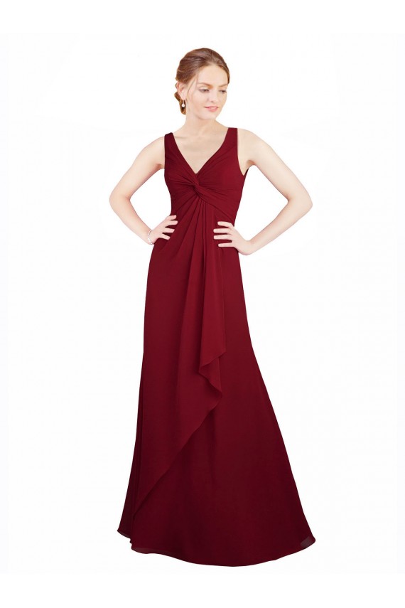 Bordeaux Trapèze Col V Mousseline Longue Robes demoiselle d'honneur Prix Réduit