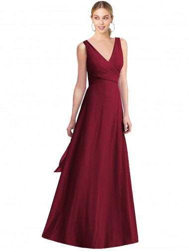Bordeaux Trapèze Col V Mousseline Longue Robes demoiselle d'honneur Prix Réduit