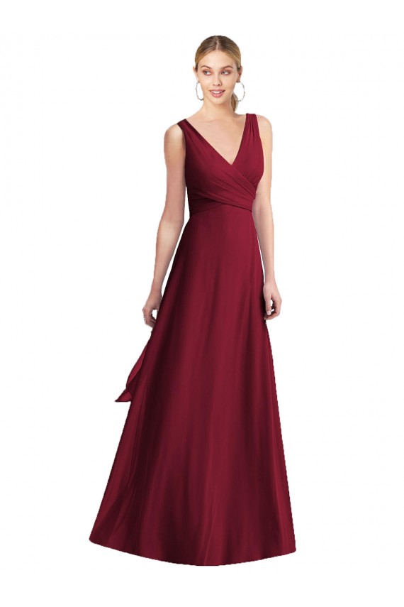 Bordeaux Trapèze Col V Mousseline Longue Robes demoiselle d'honneur Prix Réduit