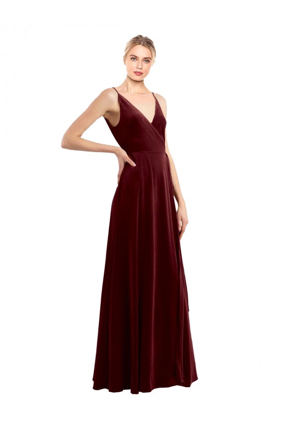 Bordeaux Trapèze Col V Velours Stretch Longue Formelles Robes demoiselle d'honneur / Robes de soirée / Robes de bal Prix Réduit