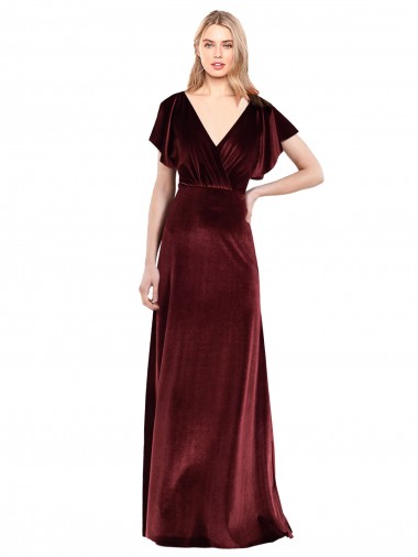 Bordeaux Trapèze Col V Velours Stretch Longue Robes demoiselle d'honneur / Robes de bal Prix Réduit