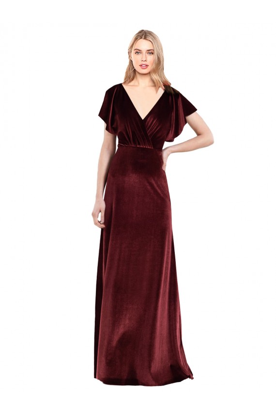 Bordeaux Trapèze Col V Velours Stretch Longue Robes demoiselle d'honneur / Robes de bal Prix Réduit
