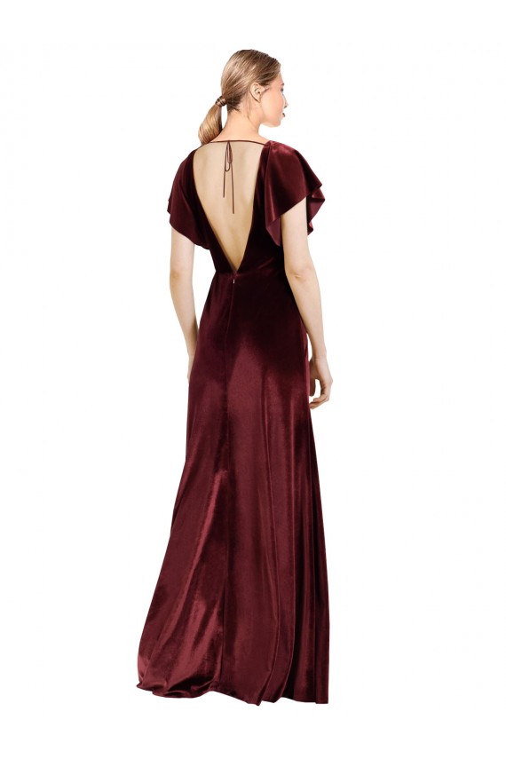 Bordeaux Trapèze Col V Velours Stretch Longue Robes demoiselle d'honneur / Robes de bal Prix Réduit