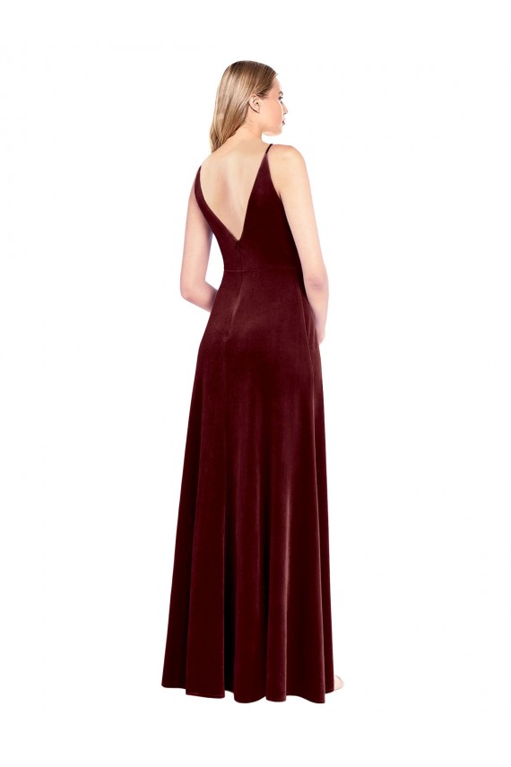 Bordeaux Trapèze Col V Velours Stretch Longue Robes demoiselle d'honneur / Robes de bal Prix Réduit
