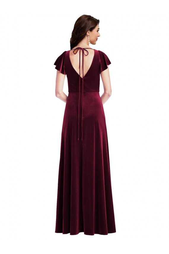 Bordeaux Trapèze Col V Velours Stretch Longue Robes demoiselle d'honneur / Robes de bal Prix Réduit
