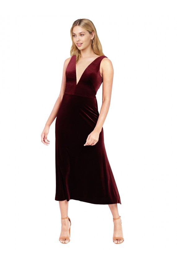 Bordeaux Trapèze Col V midi Velours Stretch Courte Robes demoiselle d'honneur / Robes de bal / Robes de cocktail Prix Réduit