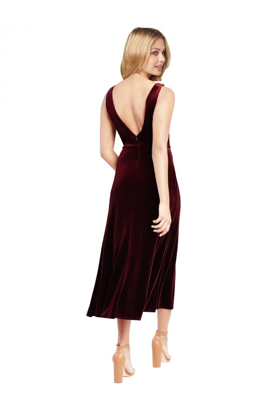 Bordeaux Trapèze Col V midi Velours Stretch Courte Robes demoiselle d'honneur / Robes de bal / Robes de cocktail Prix Réduit
