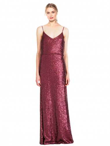 Bordeaux Trapèze Licou Col Haut Paillette Longue Formelles Robes demoiselle d'honneur / Robes de soirée / Robes de bal Prix Réduit
