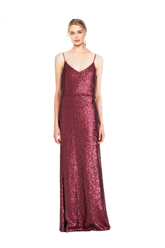 Bordeaux Trapèze Licou Col Haut Paillette Longue Formelles Robes demoiselle d'honneur / Robes de soirée / Robes de bal Prix Réduit