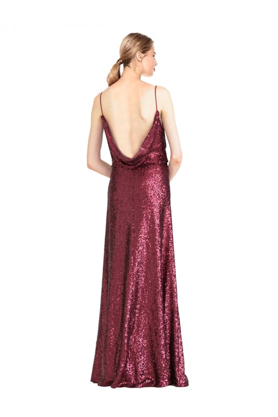 Bordeaux Trapèze Licou Col Haut Paillette Longue Formelles Robes demoiselle d'honneur / Robes de soirée / Robes de bal Prix Réduit