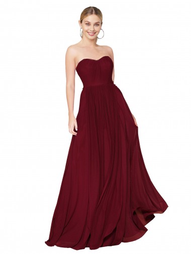 Bordeaux Trapèze Sans bretelle Mousseline Longue Formelles Robes demoiselle d'honneur / Robes de soirée / Robes de bal Prix Réduit