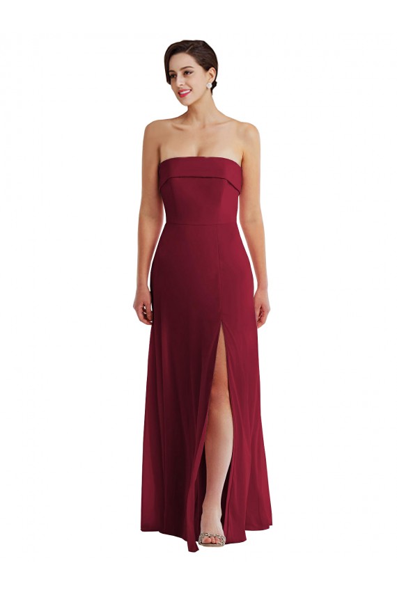 Bordeaux Trapèze Sans bretelle Mousseline Longue Formelles Robes demoiselle d'honneur / Robes de soirée Prix Réduit
