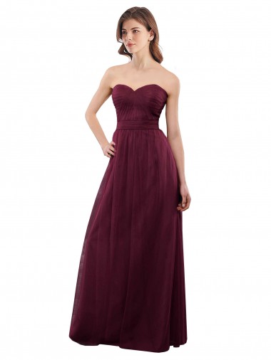 Bordeaux Trapèze Sans bretelle Tulle Longue Robes demoiselle d'honneur Prix Réduit
