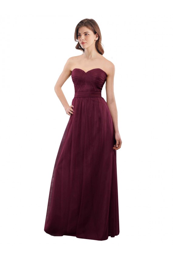 Bordeaux Trapèze Sans bretelle Tulle Longue Robes demoiselle d'honneur Prix Réduit