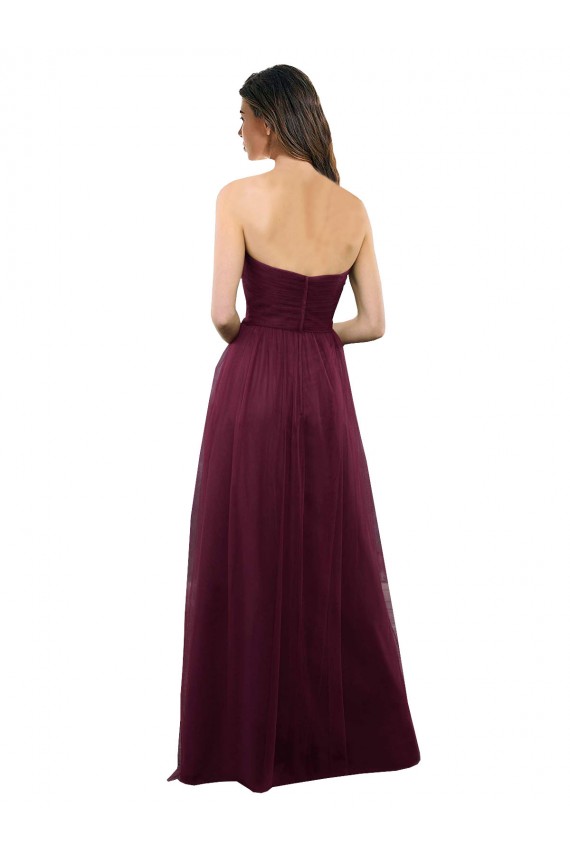 Bordeaux Trapèze Sans bretelle Tulle Longue Robes demoiselle d'honneur Prix Réduit