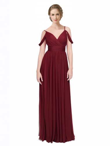 Bordeaux Trapèze Épaule Dénudée Bretelles spaghetti Mousseline Longue Robes demoiselle d'honneur Prix Réduit