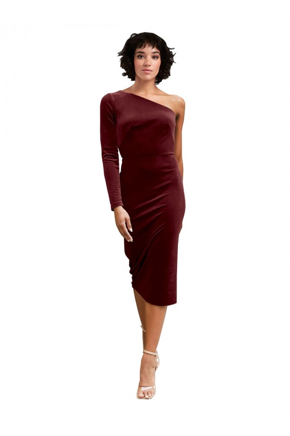 Bordeaux Trapèze midi Velours Stretch Courte Robes demoiselle d'honneur / Robes de bal Prix Réduit