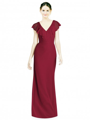 Bordeaux Trompette Col V Mousseline Longue Robes demoiselle d'honneur Prix Réduit