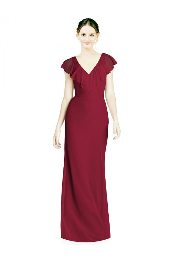 Bordeaux Trompette Col V Mousseline Longue Robes demoiselle d'honneur Prix Réduit