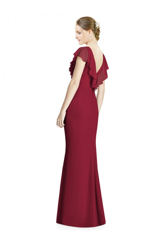 Bordeaux Trompette Col V Mousseline Longue Robes demoiselle d'honneur Prix Réduit
