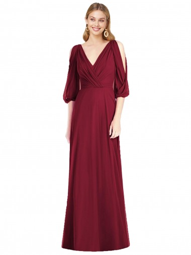 Bordeaux Trompette Col V Mousseline Longue Robes demoiselle d'honneur Prix Réduit