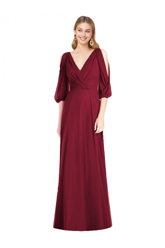 Bordeaux Trompette Col V Mousseline Longue Robes demoiselle d'honneur Prix Réduit