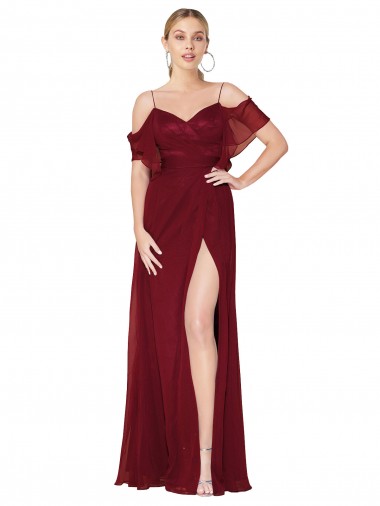 Bordeaux Trompette Épaule Dénudée Mousseline Longue Formelles Robes demoiselle d'honneur / Robes de soirée / Robes de bal Prix Réduit