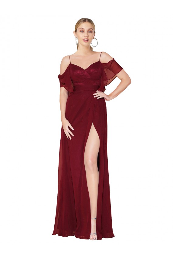 Bordeaux Trompette Épaule Dénudée Mousseline Longue Formelles Robes demoiselle d'honneur / Robes de soirée / Robes de bal Prix Réduit