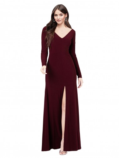 Bordeaux foncé Fourreau Col V Spandex Longue Robes demoiselle d'honneur / Robes de bal Prix Réduit