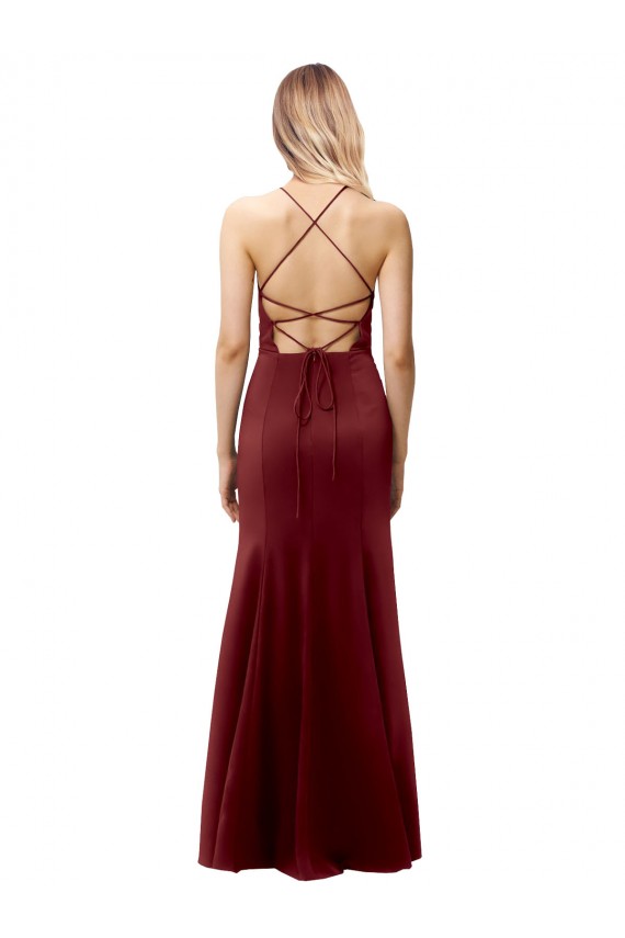 Bordeaux foncé Sirène Licou Col Haut Crêpe Stretch Longue Formelles Robes demoiselle d'honneur / Robes de soirée / Robes de bal Prix Réduit