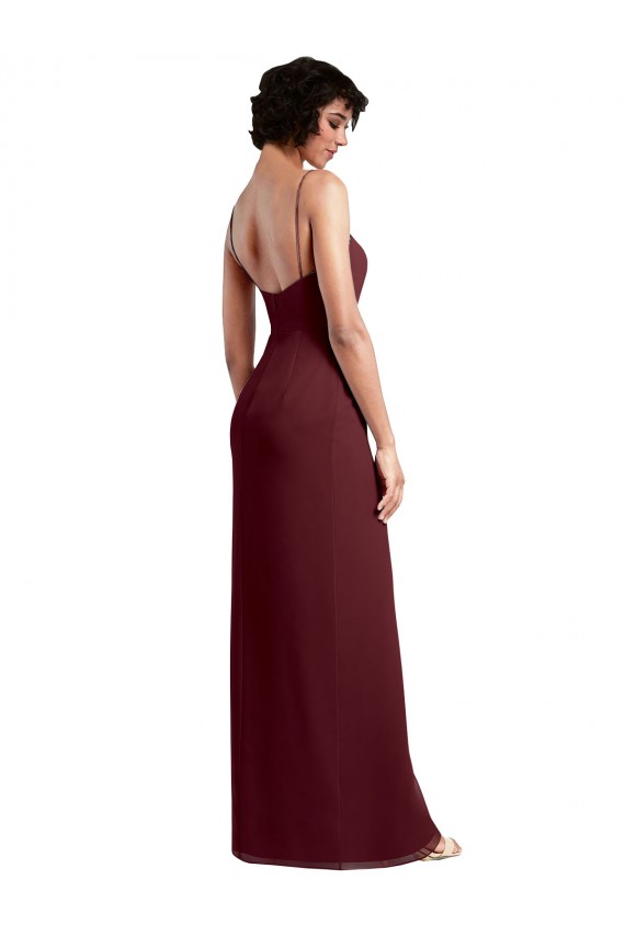 Bordeaux foncé Trapèze Bretelles spaghetti Col Carré Mousseline Longue Robes demoiselle d'honneur Prix Réduit